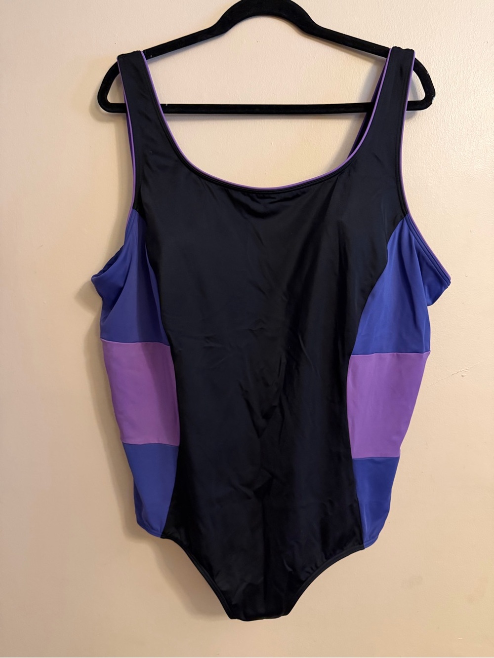 Lands' End Black One-Piece Swimsuit with Purple and Blue Panels